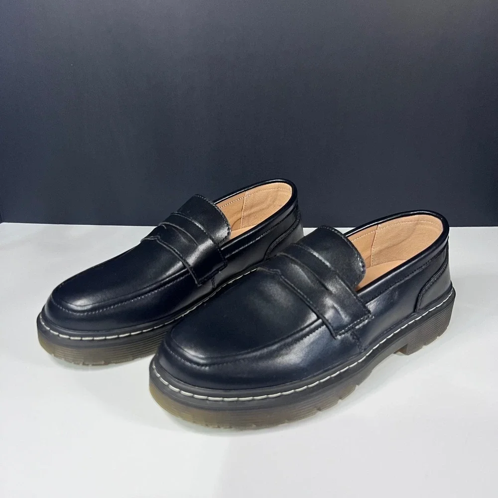 Black Penny Loafers Chunky Lug Sole Slip On Shoes Womens 8 US Preppy